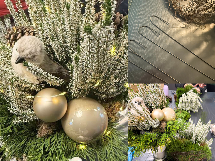Basteln mit Thuja Basteln mit Thuja: Weihnachtsgesteck mit weißen Heideblüten, Tannengrün, goldenen Kugeln und einem Stoffvogel zwischen Zapfen und Lichterkette.