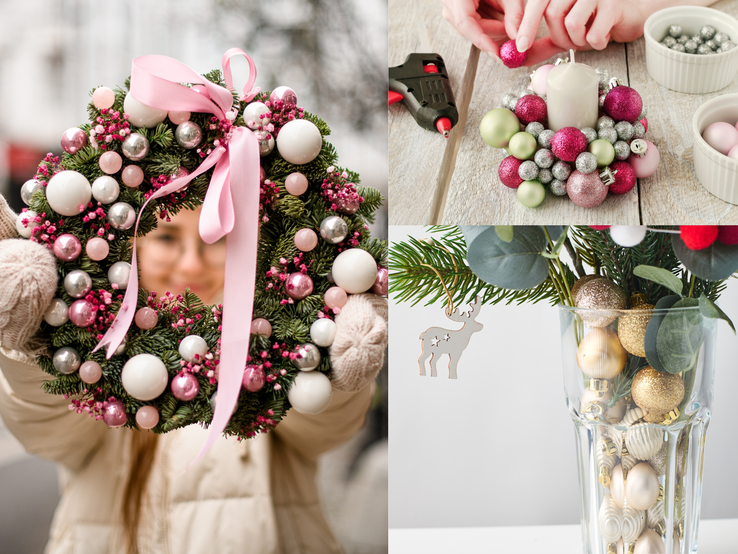 Junge Frau zeigt Kranz mit rosa Kugeln, daneben Bastelszene mit Kerze und Vase mit Tannenzweigen, Kugeln und Holzrentier.