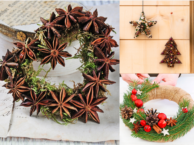 Basteln mit Sternanis Deko aus Sternanis: ein Kranz mit Moos, zwei Anhänger an Holz und ein Adventskranz mit Tannenzweigen, Zimt, Beeren und Jute.