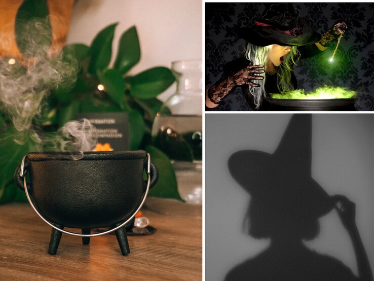 DIY Halloween Hexenkessel Collage mit dampfendem Hexenkessel auf Holzuntergrund, schattierter Hexensilhouette und Hexe mit leuchtendem grünen Zaubertrank vor dunklem Muster.