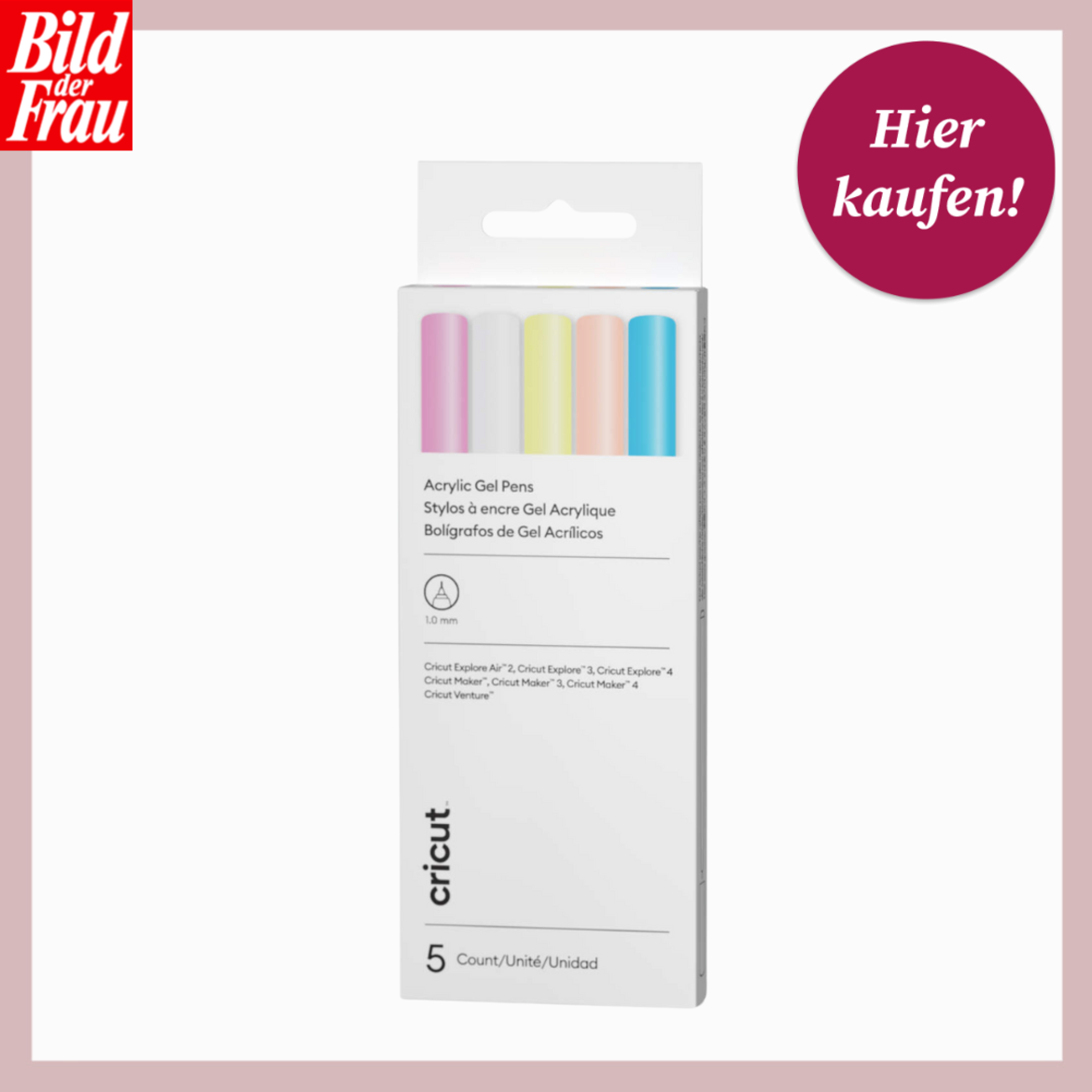 Verpackung mit fünf Acryl-Gelstiften in Pastellfarben steht auf weißem Hintergrund mit "Hier kaufen!"-Button oben rechts. | ©  Cricut