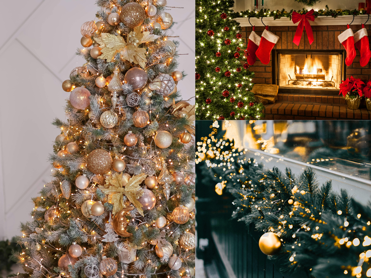 Weihnachtsdeko-Trends 2025: Prächtig geschmückter Weihnachtsbaum, Kamin mit roten Strümpfen und goldene Lichtergirlanden an einem festlich dekorierten Geländer.