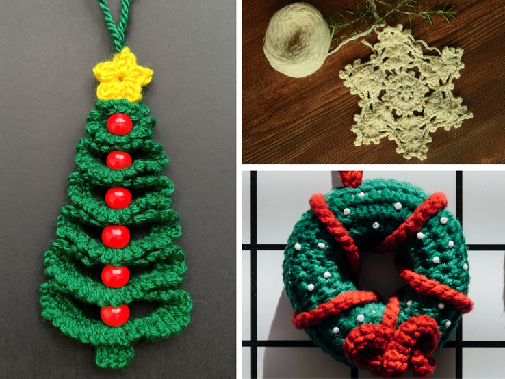Gehäkelter Weihnachtsbaum mit roten Perlen und gelbem Stern, daneben ein cremefarbener Häkelstern und ein grüner Kranz mit roter Schleife.