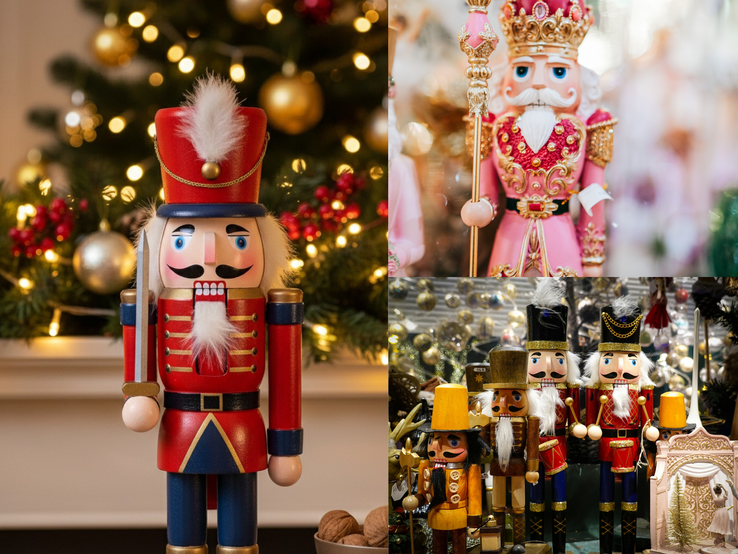 Verschiedene Nussknacker in bunten Uniformen stehen vor festlich geschmückten Weihnachtsbäumen mit goldenen Kugeln.