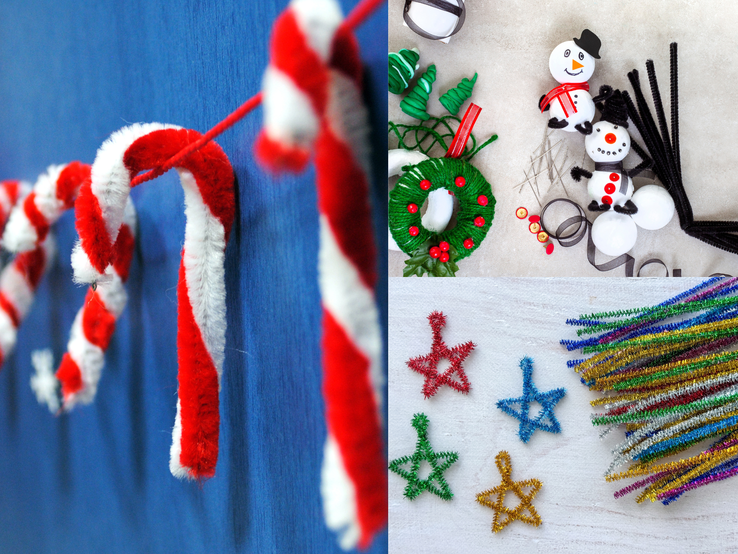 Bunte Weihnachtsdeko aus Pfeifenreinigern: Zuckerstangen, Sterne, Schneemänner, Kränze und Bastelmaterial auf Tischflächen.