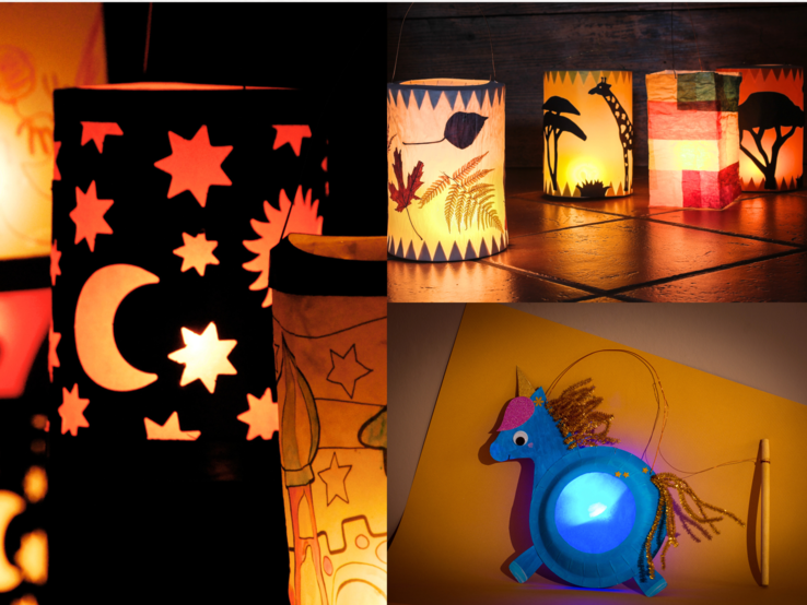 Verschiedenfarbige, leuchtende Kinderlaternen mit Tier-, Stern- und Pflanzenmotiven stehen stimmungsvoll auf Fliesen und vor gelber Wand.