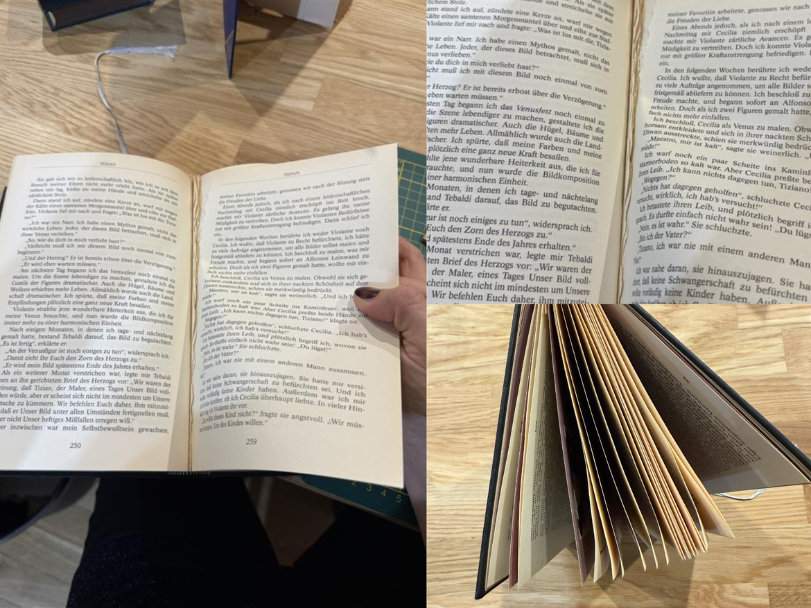 Person mit dunklem Nagellack hält ein vergilbtes Buch offen, daneben Draufsicht auf Einband, Seitenfächerung und Holztisch. | © Canva/Collage:bildderfrau.de