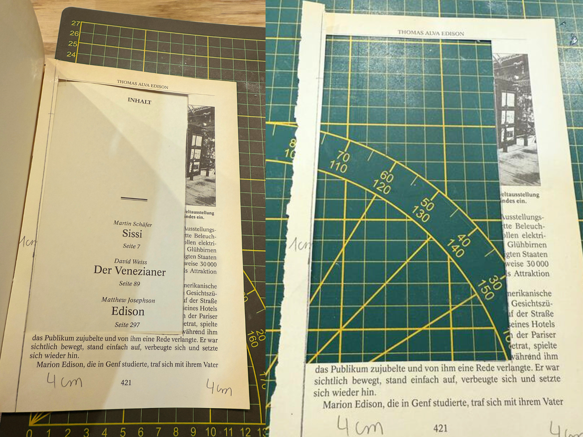 Zwei Buchseiten mit rechteckigem Ausschnitt liegen auf Schneidematten mit Linealraster, Winkelmesser und handschriftlichen Maßen. | © Canva/Collage:bildderfrau.de