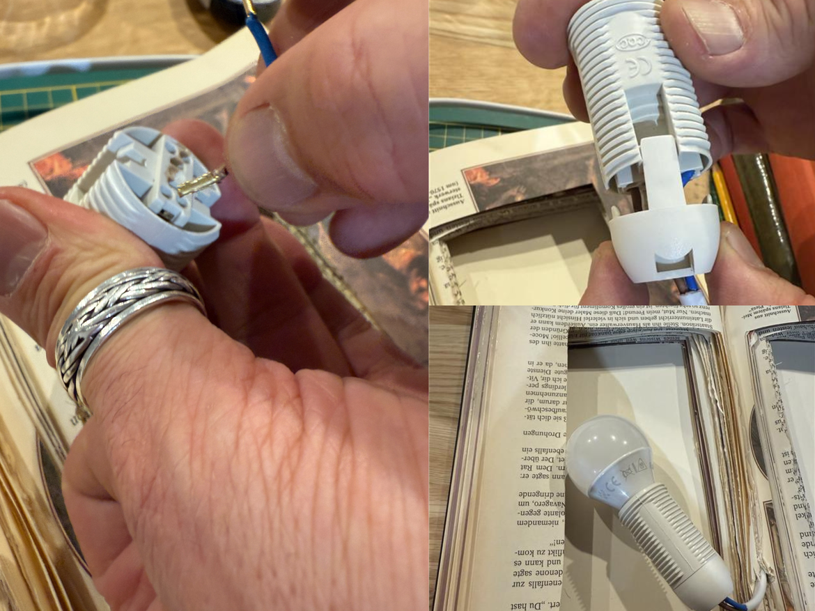Hände verbinden ein Stromkabel mit einer Lampenfassung und setzen eine LED-Lampe in ein ausgehöhltes Buch als Leuchte ein. | © Canva/Collage:bildderfrau.de