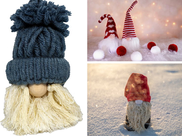 Drei verschiedene Weihnachtswichtel mit langen Zipfelmützen und zotteligen Bärten stehen auf Schnee und vor Lichterhintergrund.