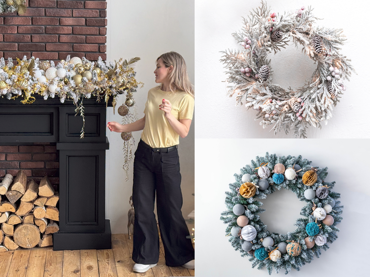 Junge Frau dekoriert festlichen Kamin mit Goldschmuck, daneben zwei kunstvolle Weihnachtskränze mit Zapfen und Kugeln an Wand.