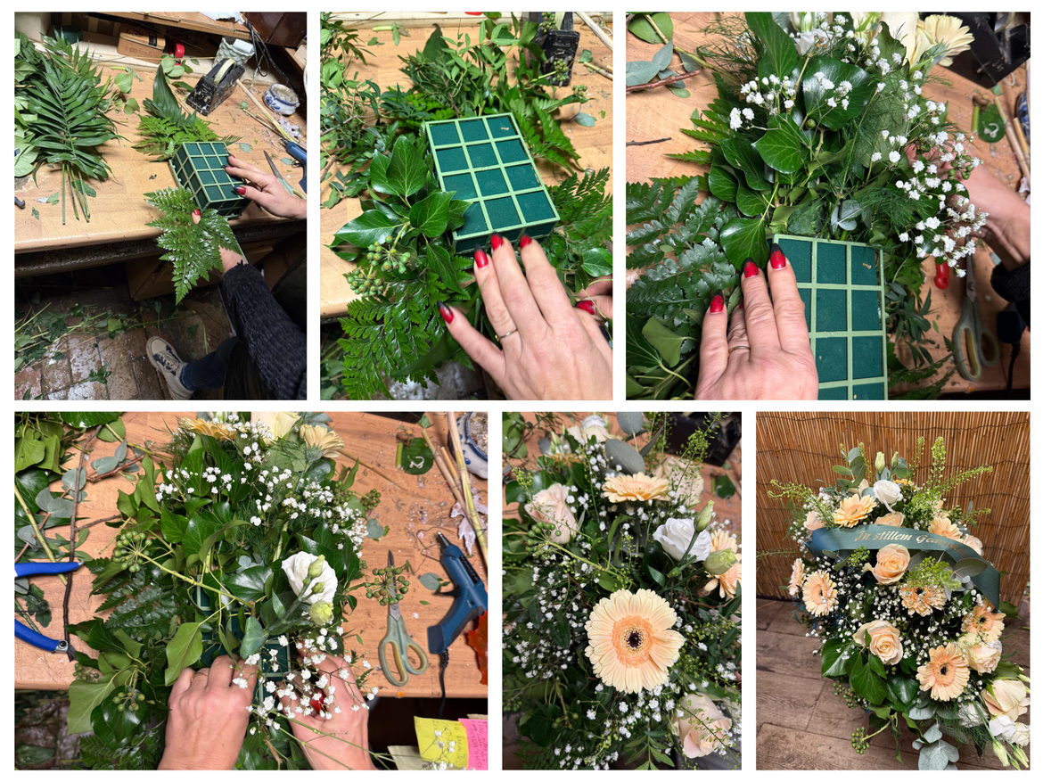 Mehrere Schritte der Floristikarbeit zeigen Frauenhände beim Binden eines Grabschmuckes aus Rosen, Gerbera und Schleierkraut am Werktisch. | © Canva/Collage:bildderfrau.de