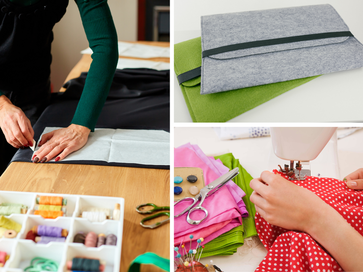 Collage mit Nähzubehör, einer Frau beim Zuschneiden von Stoff, Händen an der Nähmaschine und zwei genähten Filzhüllen.