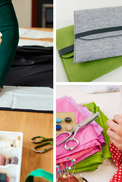 Collage mit Nähzubehör, einer Frau beim Zuschneiden von Stoff, Händen an der Nähmaschine und zwei genähten Filzhüllen.