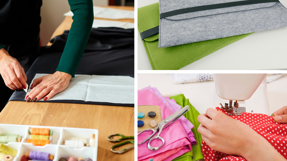 Collage mit Nähzubehör, einer Frau beim Zuschneiden von Stoff, Händen an der Nähmaschine und zwei genähten Filzhüllen.