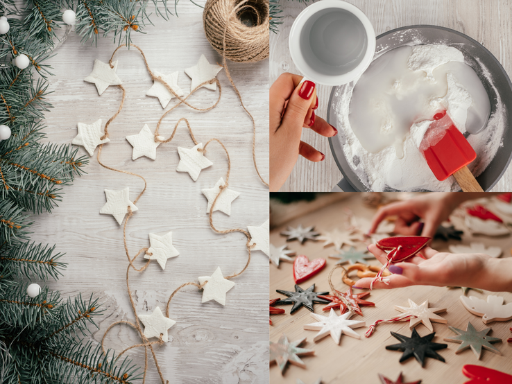Basteln mit Kaltporzellan: Weihnachtliche Bastelszene mit selbstgemachten Sternanhängern, Zutatenmischung in Schüssel und Händen beim Dekorieren farbiger Anhänger.