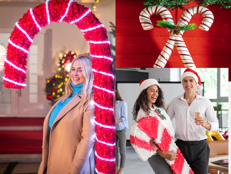 Drei weihnachtliche Szenen mit Zuckerstangen: draußen, im Büro mit Kollegen und als Dekoration vor roter Wand mit Tannenzweigen.