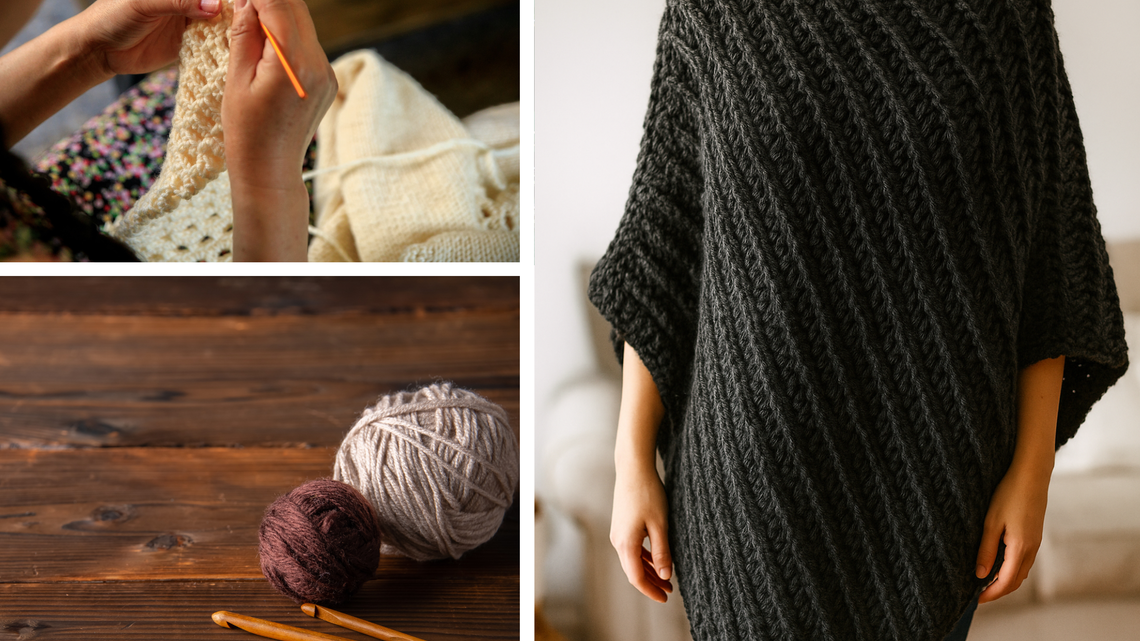 Eine Collage mit Frau beim Häkeln, Wollknäueln mit Häkelnadeln auf Holz und schwarzem Strickponcho an junger Frau.