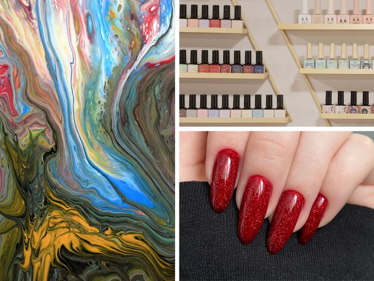 Collage aus drei Bildern: bunte abstrakte Malerei, goldene Regale mit Nagellackflaschen und rote glitzernde Gelnägel auf schwarzem Stoff.
