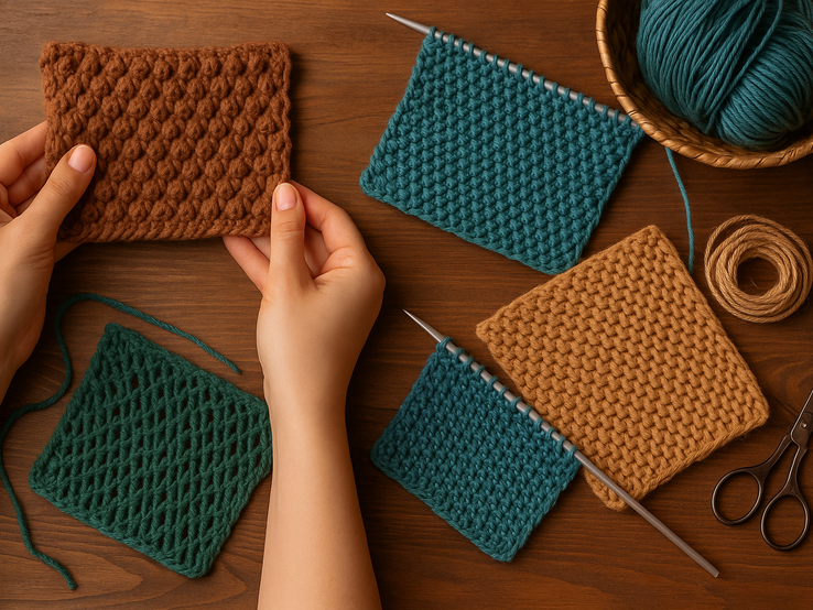 Zwei Hände halten ein gestricktes braunes Musterstück, umgeben von weiteren Wollproben, Nadeln und Schere auf Holzuntergrund.