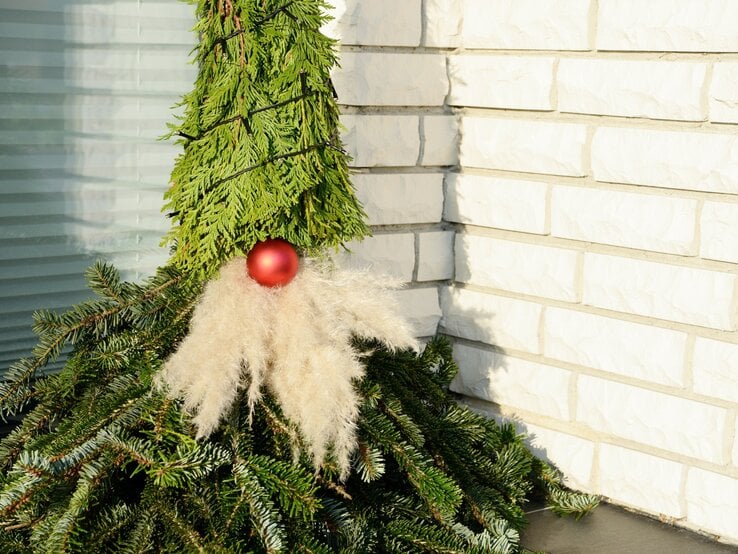 Aus Tannenzweigen geformter Weihnachtsbaum mit roter Kugel als Nase und zotteligem Bart aus Ziergras vor heller Mauer.