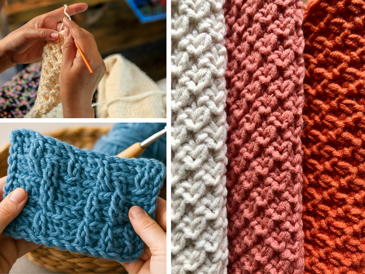 Detailreiche Nahaufnahme gehäkelter Texturen in Weiß, Altrosa, Rostrot und Blau, daneben Hände mit Häkelnadel bei der Arbeit.
