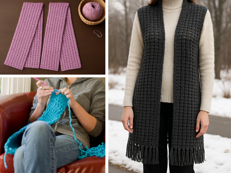 Drei Szenen: graue Häkelweste mit Fransen im Schnee, rosa Häkelteile mit Garnkorb und Frau beim Häkeln mit türkisfarbener Wolle.