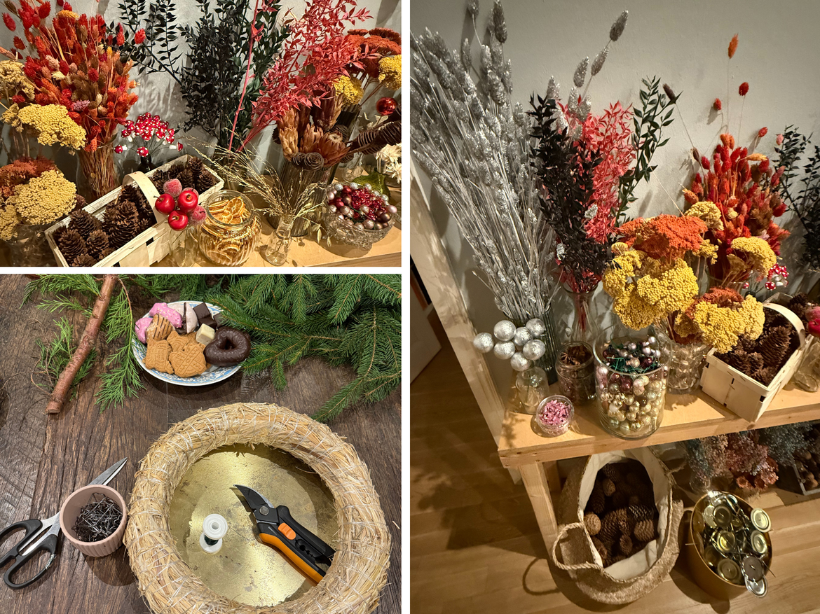 Farbenfrohe Trockenblumen, Zapfen, Kugeln und Bastelmaterialien neben Strohkranz, Werkzeug und Plätzchenteller auf Holztisch. | © Canva/bildderfrau.de