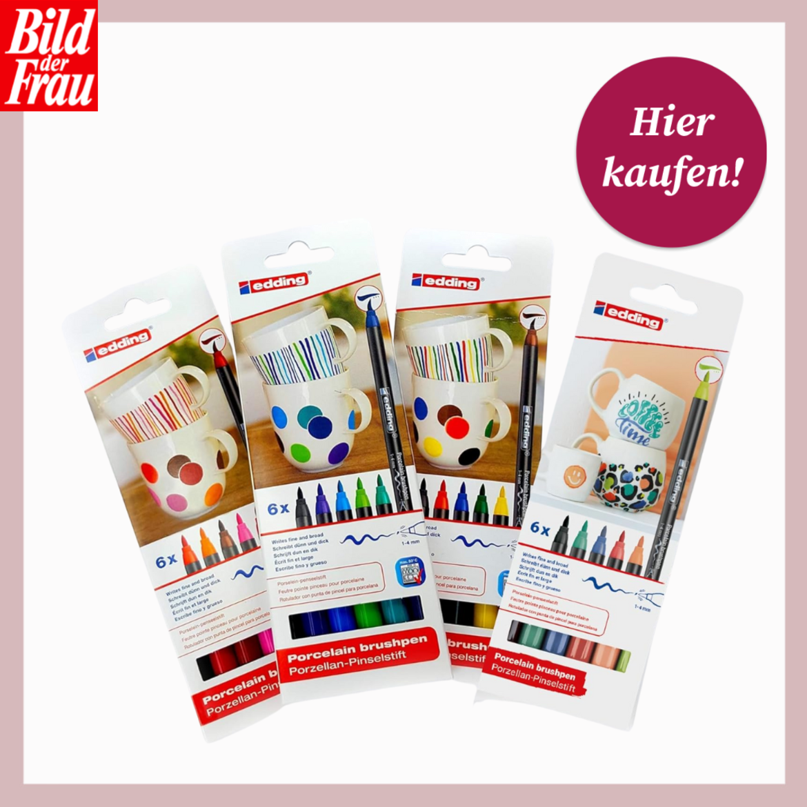 Vier Edding-Sets mit Porzellan-Pinselstiften in bunten Farben, daneben dekorierte Tassen mit Punkten und Streifen. | © Edding/Canva/bildderfrau.de
