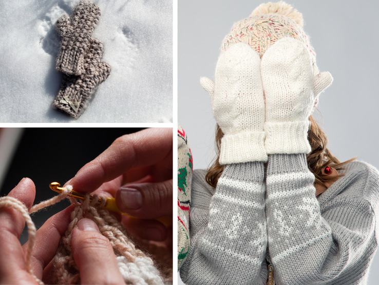 Zwei beige Häkel-Fäustlinge liegen im Schnee, daneben Hände beim Häkeln und eine Frau mit weißen Fäustlingen vorm Gesicht.