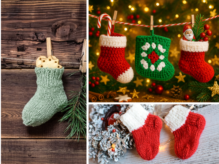 Vier gestrickte Weihnachtsstrümpfe hängen vor Lichterketten, einer gefüllt mit Zuckerstange, Tannenzweig und Nikolausfigur.