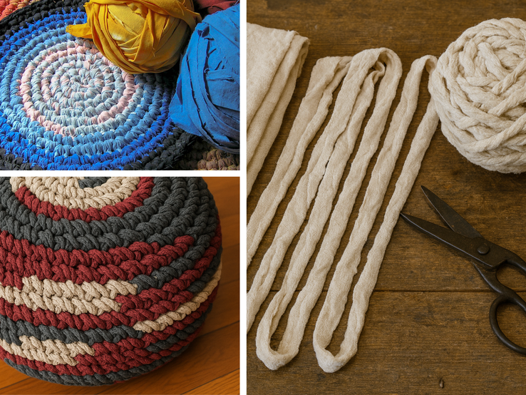 Farbige Stoffknäuel liegen auf gehäkelten Teppichen aus T-Shirt-Garn, daneben geschnittene Garnstreifen und eine Schere auf Holz.