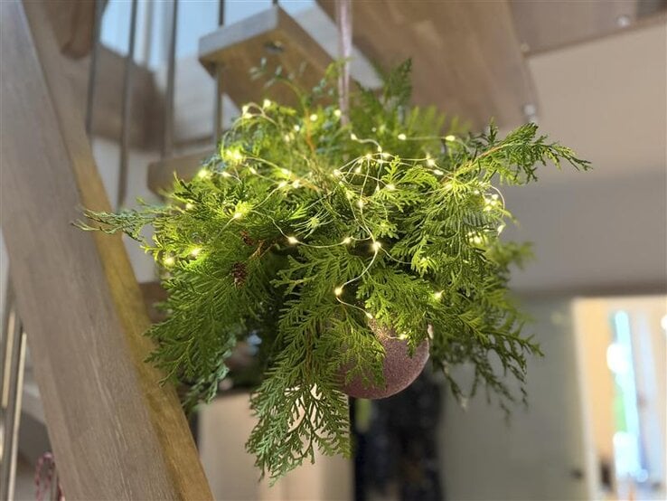 Frisches Tannengrün mit filigraner Lichterkette und rosafarbener Weihnachtskugel hängt festlich an einem Holzgeländer.