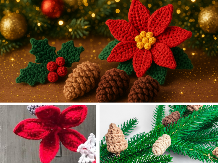 Collage mit gehäkeltem Weihnachtsstern, Stechpalmenzweig, Tannenzapfen und Zweigen vor festlicher und neutraler Kulisse.