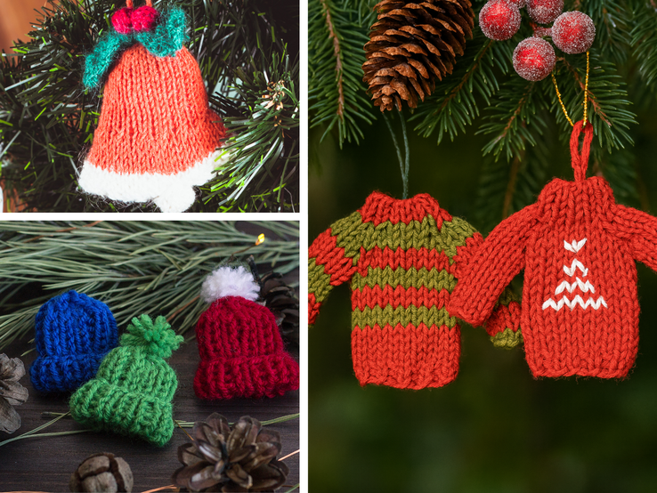 Rote Strickglocke mit Schleife sowie winzige Mützen und Pullover als liebevoll gehäkelter Christbaumschmuck vor Tannengrün.