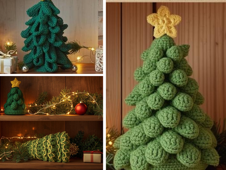 Vier unterschiedlich gehäkelte Weihnachtsbäume mit Sternen und Lichterketten stehen festlich dekoriert auf Holzregalen.