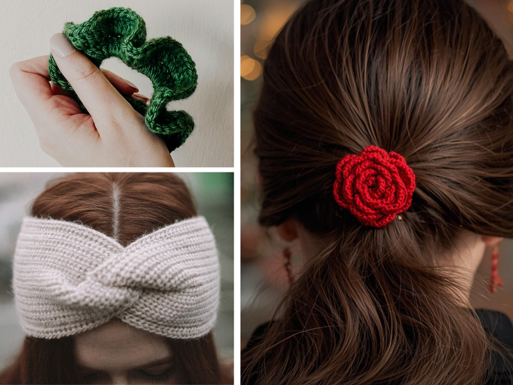 Eine Hand hält ein grünes, gehäkeltes Haargummi, daneben ein rotes Häkelrosen-Haarband in braunem Haar und ein cremefarbenes Stirnband.
