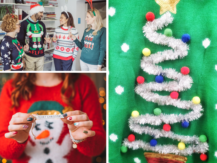 Vier Erwachsene in Weihnachtspullovern, ein Lametta-Tannenbaum auf Weihnachtspullover und Hände mit „Merry Christmas“-Schild vor rotem Schneemannpulli.
