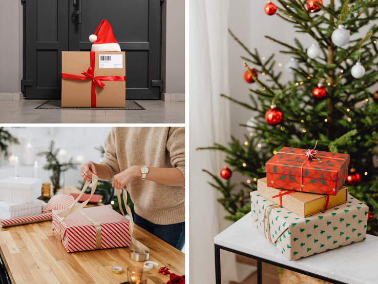 Geschenkverpackung auf Holztisch, bunte Päckchen unterm Baum und ein DHL-Paket mit roter Schleife und Nikolausmütze vor Haustür.