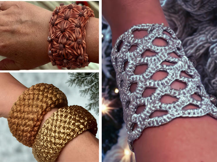 Drei gehäkelte Armbänder an Frauenarmen: ein silbernes mit Lochmuster, ein kupferfarbenes mit Perlen und zwei goldene mit Struktur.