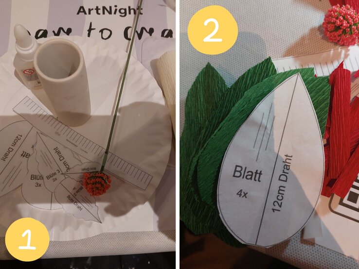 Bastelvorlage mit gezeichneten Blütenformen auf weißem Teller, daneben eine Klebeflasche, Draht und eine halbfertige Blüte aus orangenem Bastelmaterial. | © Linda Pötzsch