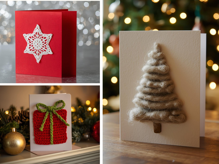 Drei handgemachte Weihnachtskarten mit gehäkelten Motiven: Schneeflocke, Geschenkpaket und Tannenbaum aus Wolle.