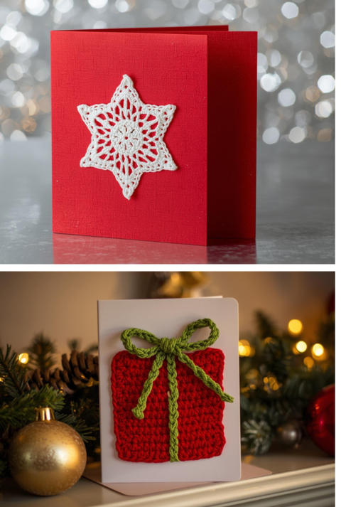 Drei handgemachte Weihnachtskarten mit gehäkelten Motiven: Schneeflocke, Geschenkpaket und Tannenbaum aus Wolle.