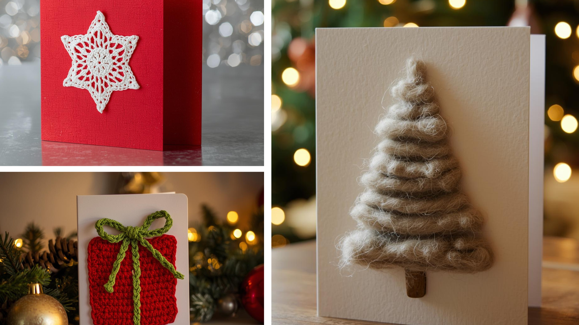 Drei handgemachte Weihnachtskarten mit gehäkelten Motiven: Schneeflocke, Geschenkpaket und Tannenbaum aus Wolle.