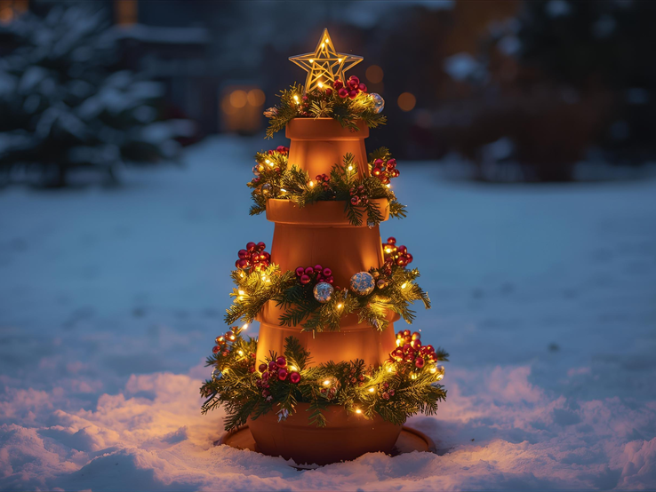 Aus Terracotta Töpfen gestapelte Weihnachtsdeko mit Lichterkette, Tannenzweigen und Stern im verschneiten Garten bei Dämmerung.