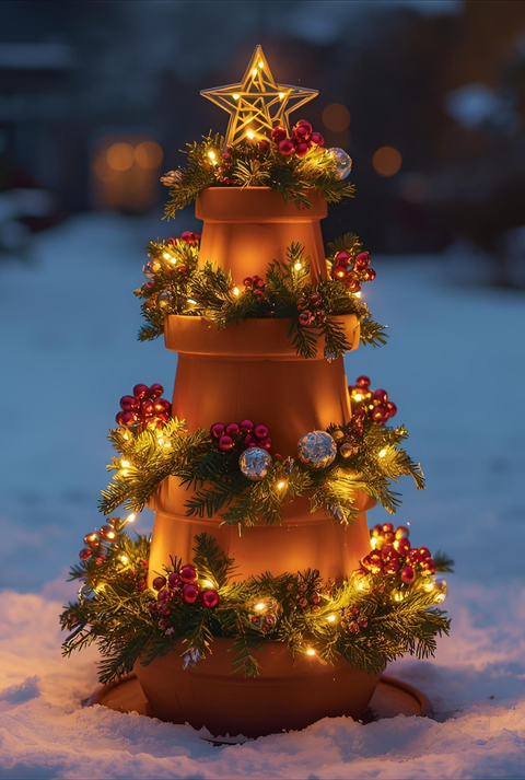 Aus Terracotta Töpfen gestapelte Weihnachtsdeko mit Lichterkette, Tannenzweigen und Stern im verschneiten Garten bei Dämmerung.
