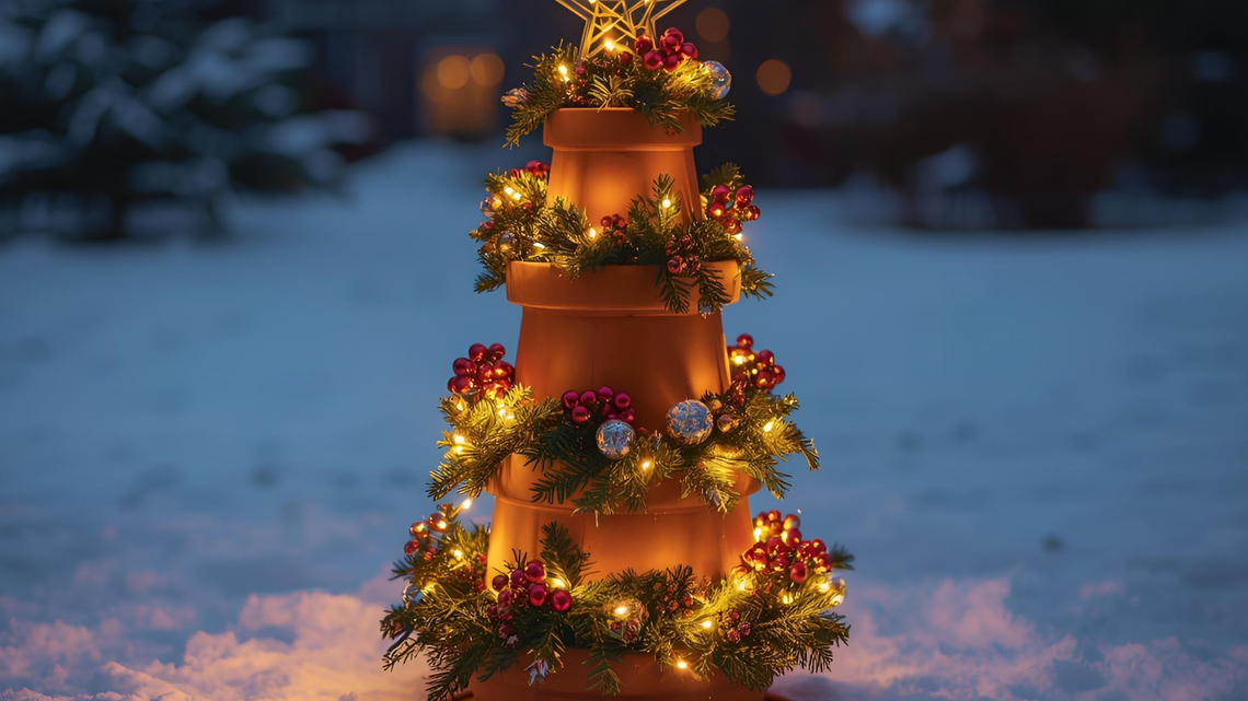 Aus Terracotta Töpfen gestapelte Weihnachtsdeko mit Lichterkette, Tannenzweigen und Stern im verschneiten Garten bei Dämmerung.