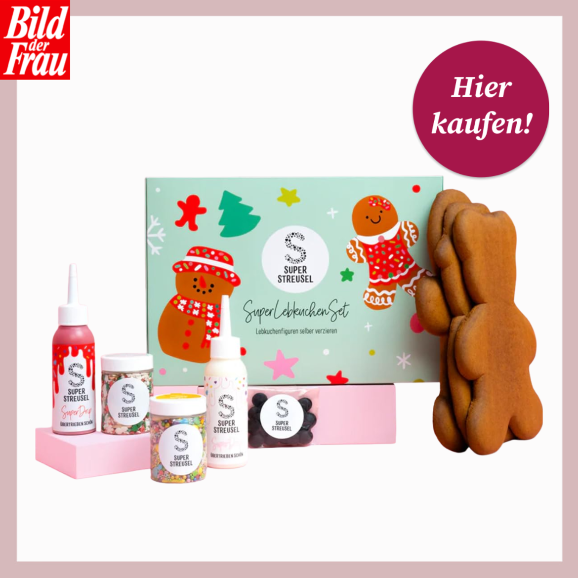 Lebkuchen-Set mit buntem Zuckerdekor, Streuseln und Figuren zum Verzieren vor fröhlich gestalteter Geschenkbox. | © Canva/Super Streusel/Collage:bildderfrau.de