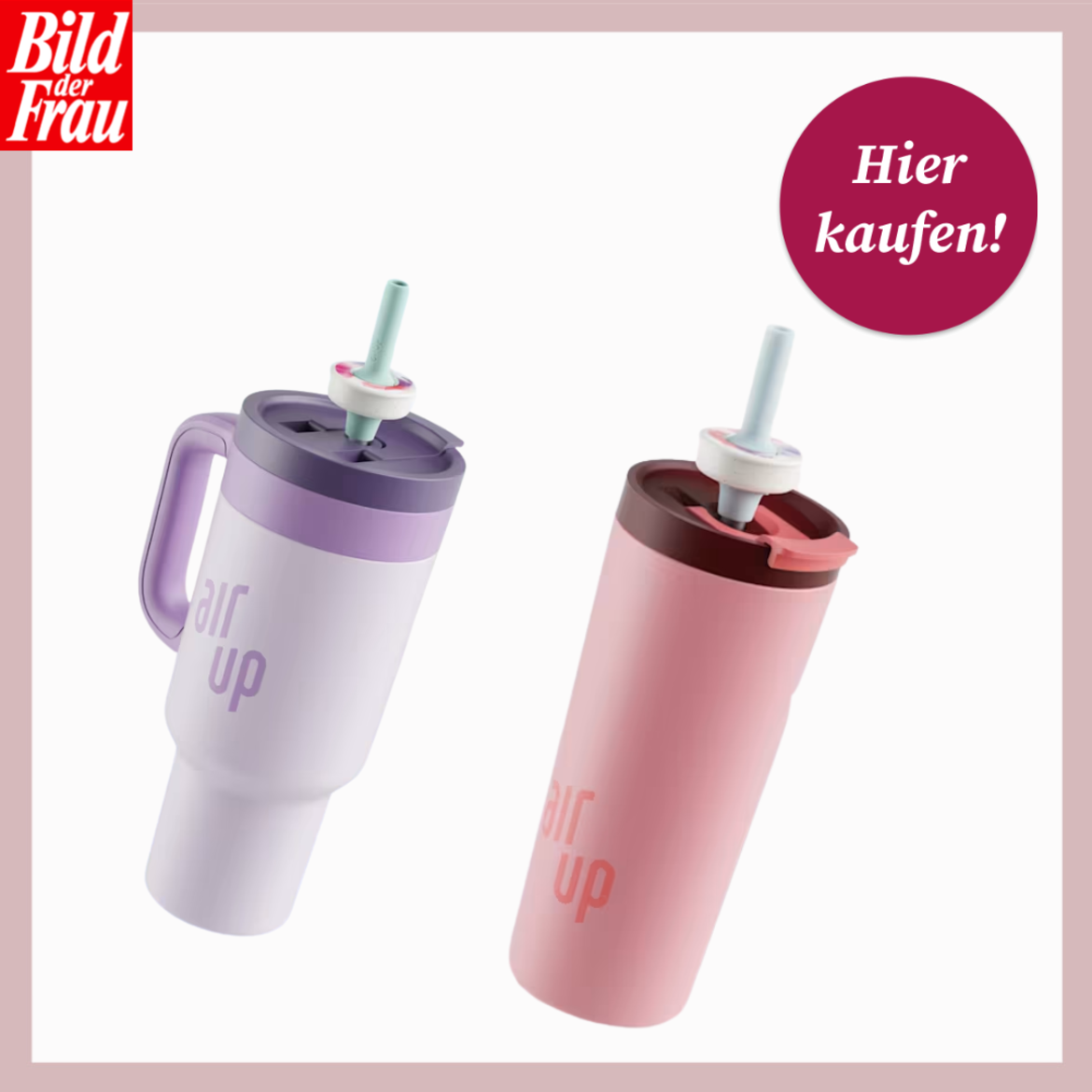 Zwei moderne Air-Up-Trinkflaschen in Rosa und Lila mit Aromapods und Trinkhalm schweben vor weißem Hintergrund. | © Canva/Air Up/Collage: bildderfrau.de