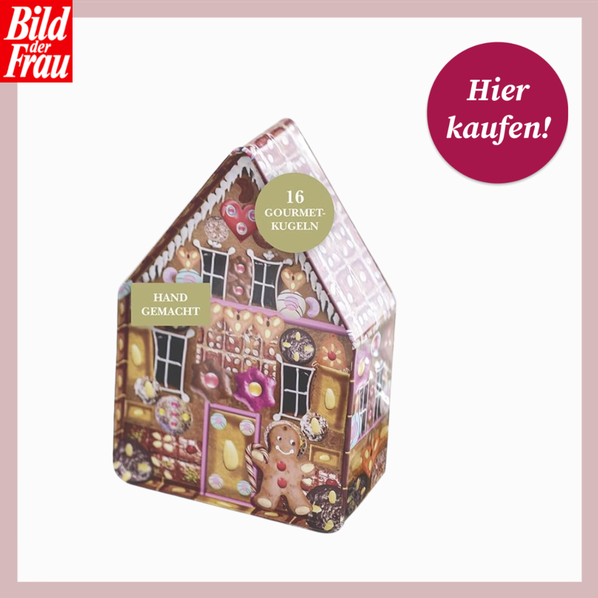 Bunte Blechdose in Form eines Lebkuchenhauses mit Zuckerdekor, Aufschrift „Handgemacht“ und „16 Gourmet-Kugeln“ | © Canva/Lauenstein Confiserie/Collage:bildderfrau.de